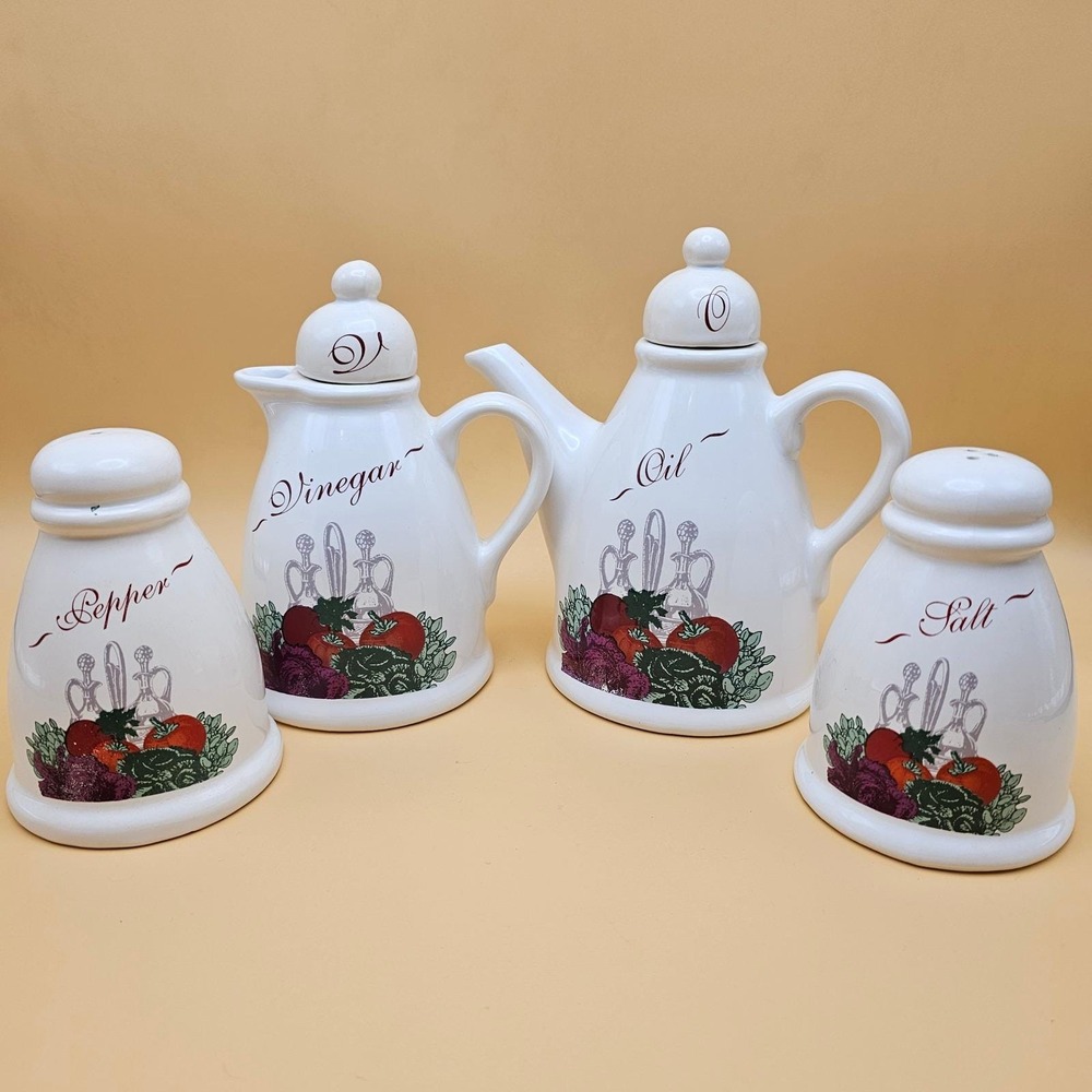 Vintage Certified International Ceramic Oil‎ Vinegar Salt Pepper Veg. Design SET